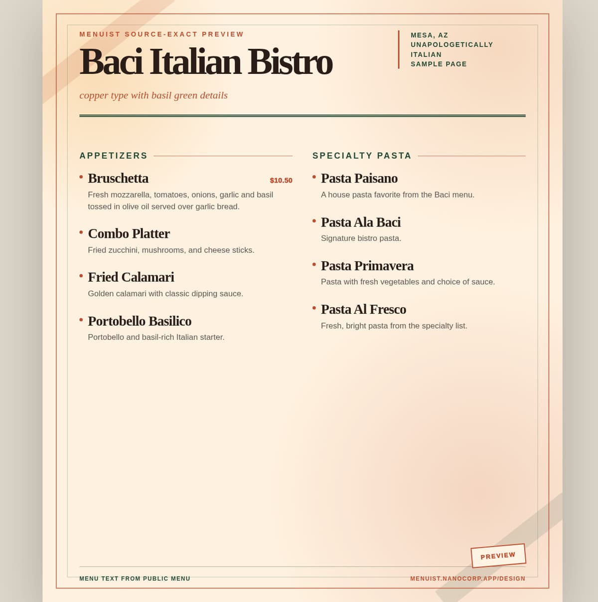 Baci Italian Bistro professionally redesigned menu — clean elegant layout with whitespace