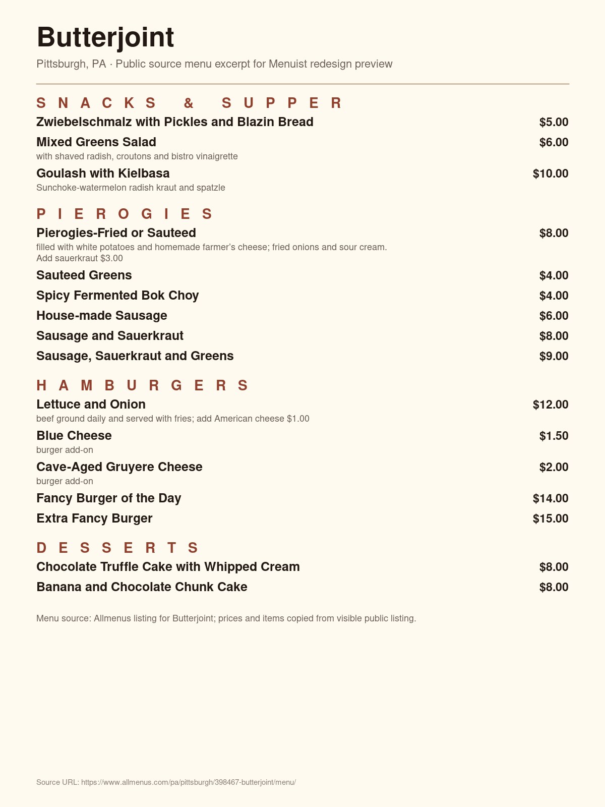 Butterjoint original menu — before Menuist redesign