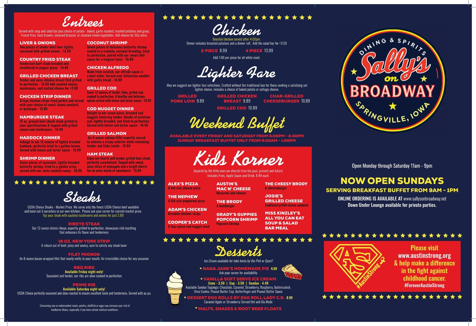 Sally's on Broadway original menu — busy multi-panel print layout with boxed sections