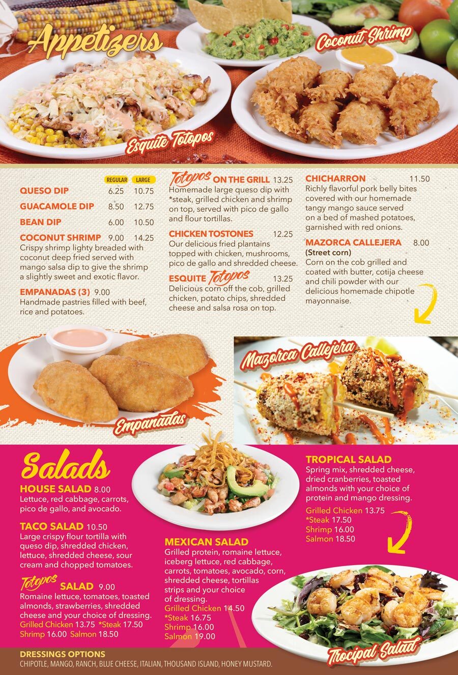 Totopos original menu — colorful generic template with many photos and labels