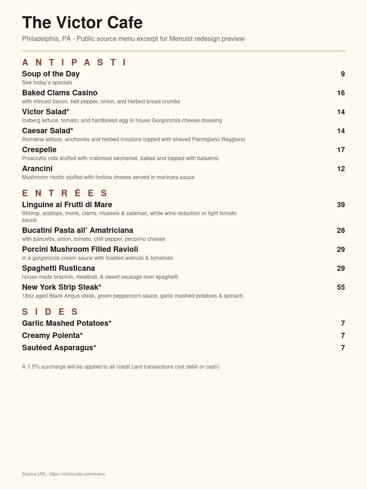 Victor Cafe original menu — before Menuist redesign